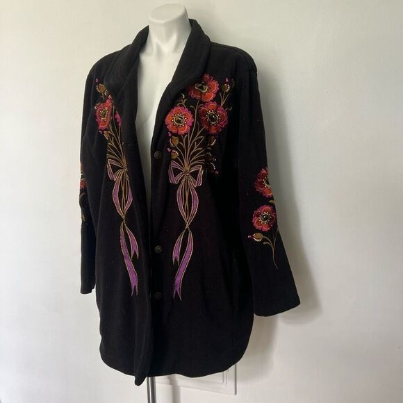 Bob Mackie Wearable Art 90s Embroidered Jacket Floral Bouquet bows - Picture 2 of 9